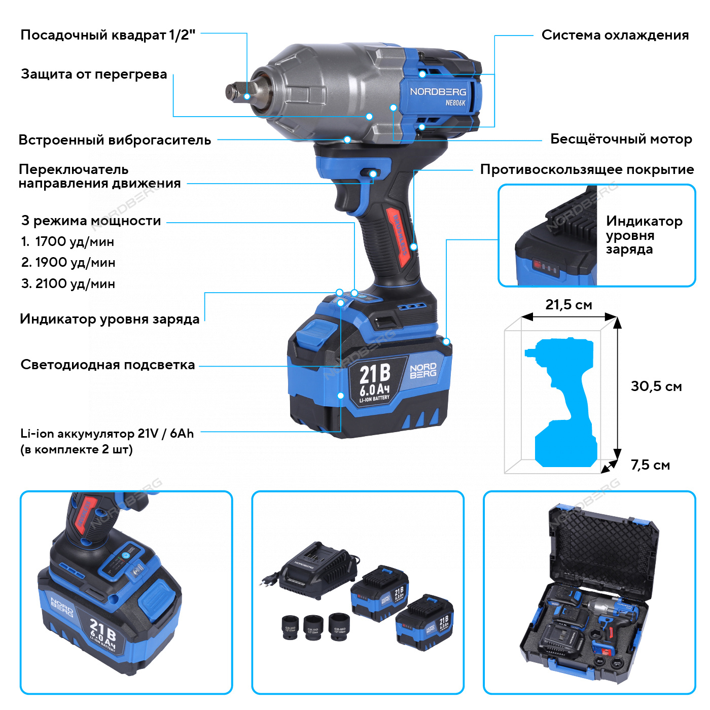 Гайковерт аккумуляторный NORDBERG NE806K-1/2 в кейсе