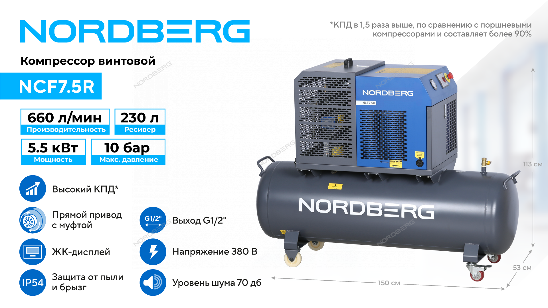 Винтовой компрессор NORDBERG NCF7,5R (660 л/мин)